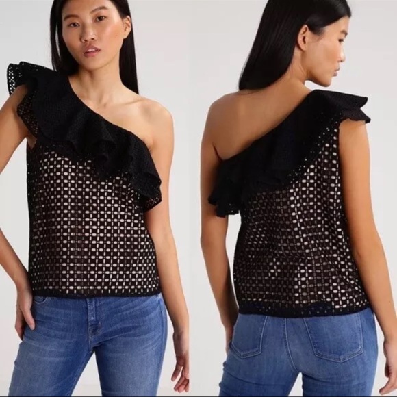 J.Crew NWT Black One Shoulder Ruffle Eyelet Lace Top Size 0 - Picture 3 of 14
